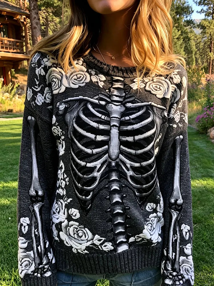 Women's Halloweenhalloween Skeleton Flowers Pattern Cozy Knit Sweater