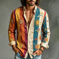Men's Vertical Stripe Sun Moon Celestial Print Long Sleeve Shirt