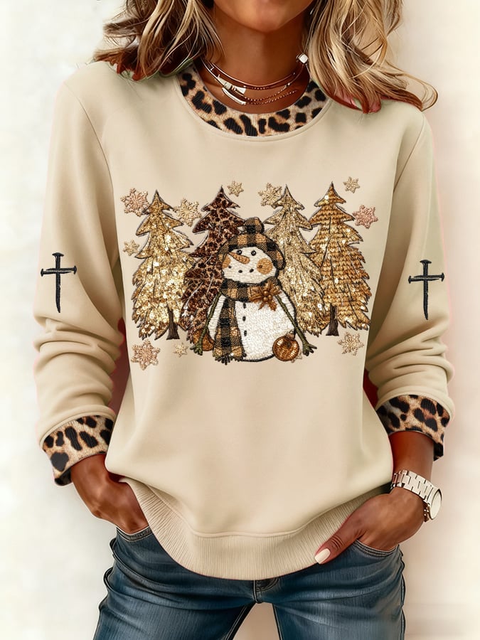 Women's Casual Leopard Print Snowman Sweatshirt