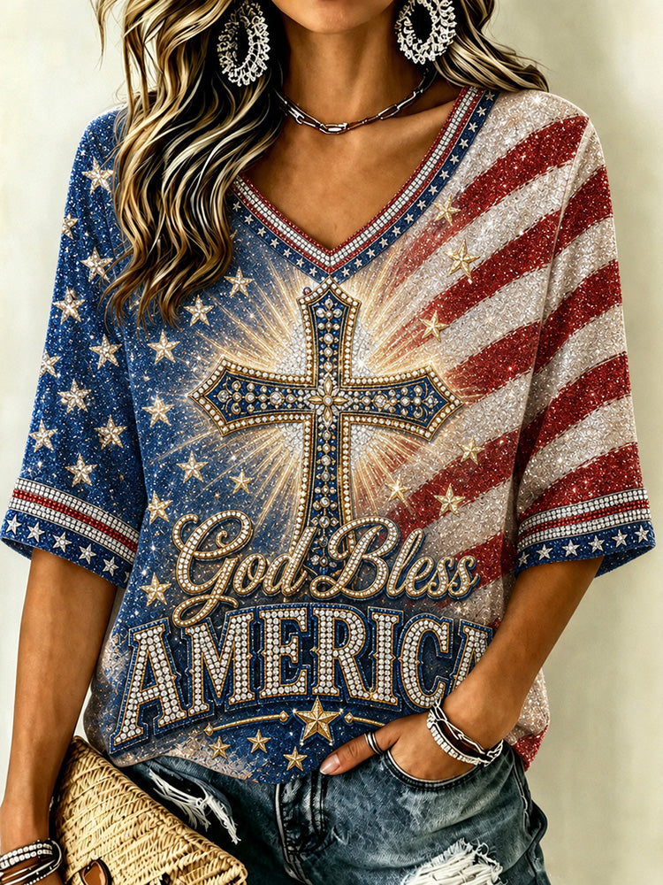 Women's Independence Day Faith Print V Neck Linen Blend T-shirt