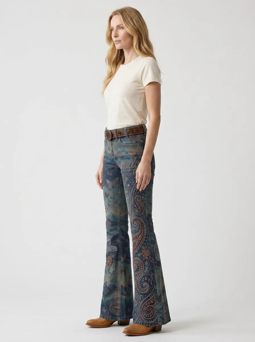 Women's Dolly Parton Butterfly Guitar Paisley Printed Flare Pants