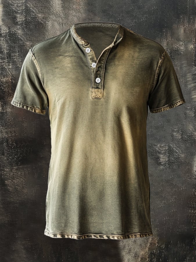 Men's casual vintage print Henley T-shirt