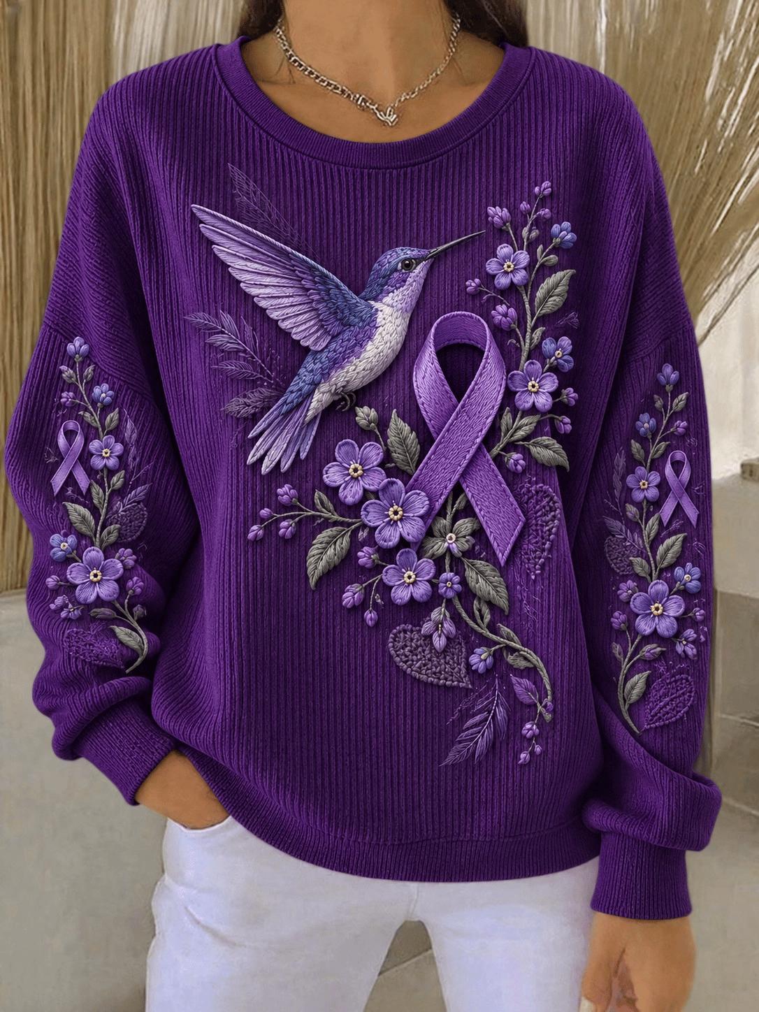 Women's Purple Floral & Hummingbird One Day At A Time Print Long-Sleeve Knit Top