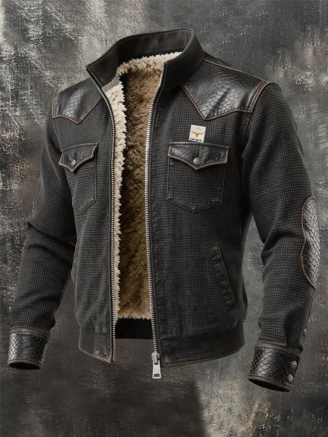 Men's Retro Waffle-Knit & Leather Panel Warm Outdoor Jacket