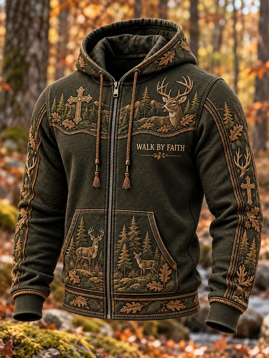 Men's Retro Hunting Culture Faith Art Print Casual Full-Zip Hoodie