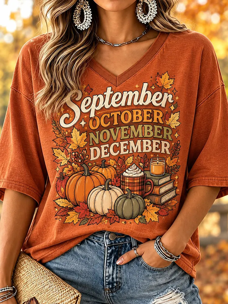 Women's Autumn Months Pumpkin And Coffee V-neck T-shirt