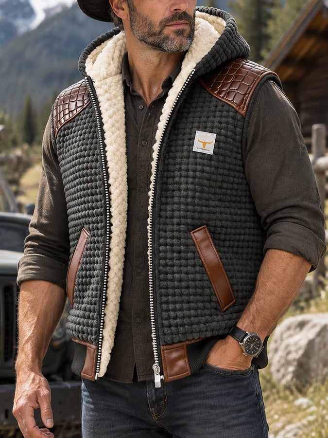 Men's Retro Leather-Panelled Insulated Outdoor Hooded Vest
