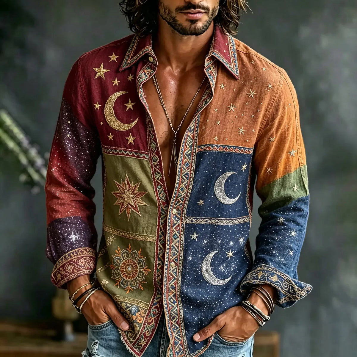 Men's Earth Tone Cosmic Star Graphic Print Shirt