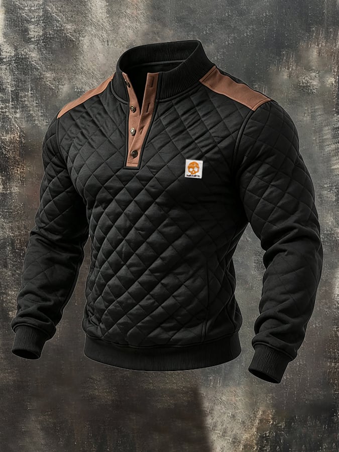 Men's Retro Textured Check-Panel Suede Henley Sweatshirt