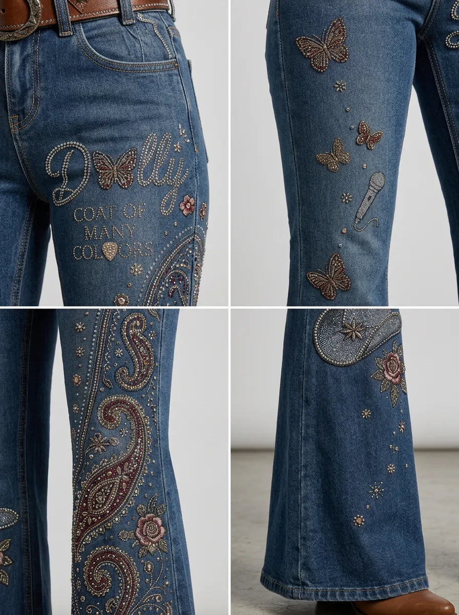 Women's Dolly Parton Coat of Many Colours Paisley Butterfly Printed Flare Jeans
