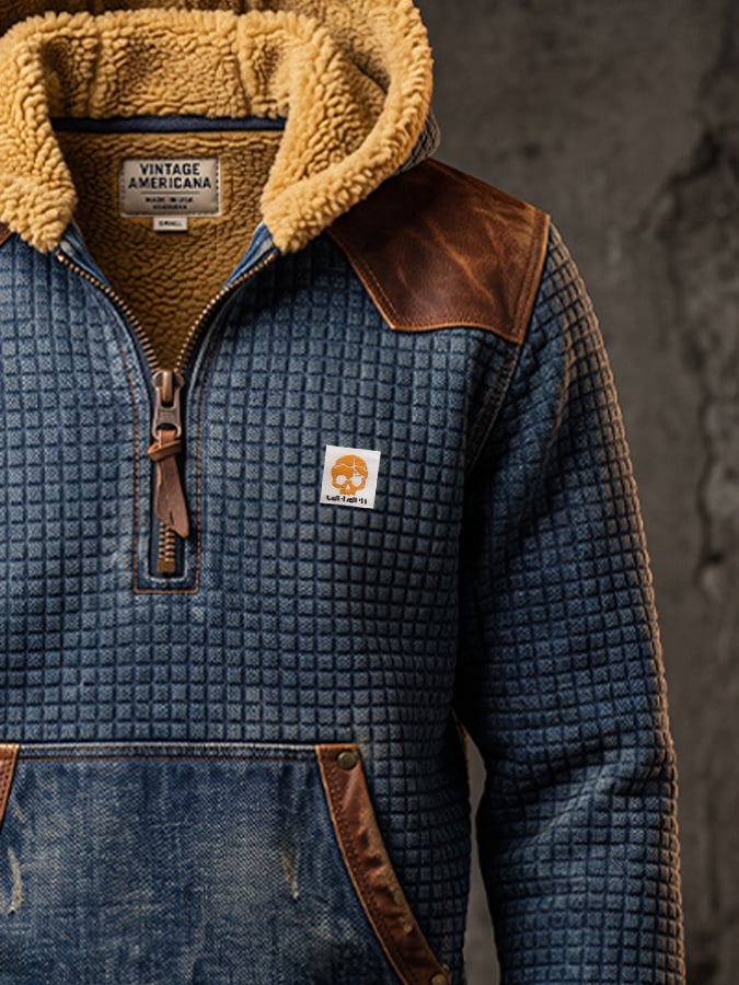 Men's Retro Textured Checkered Plush Hoodie