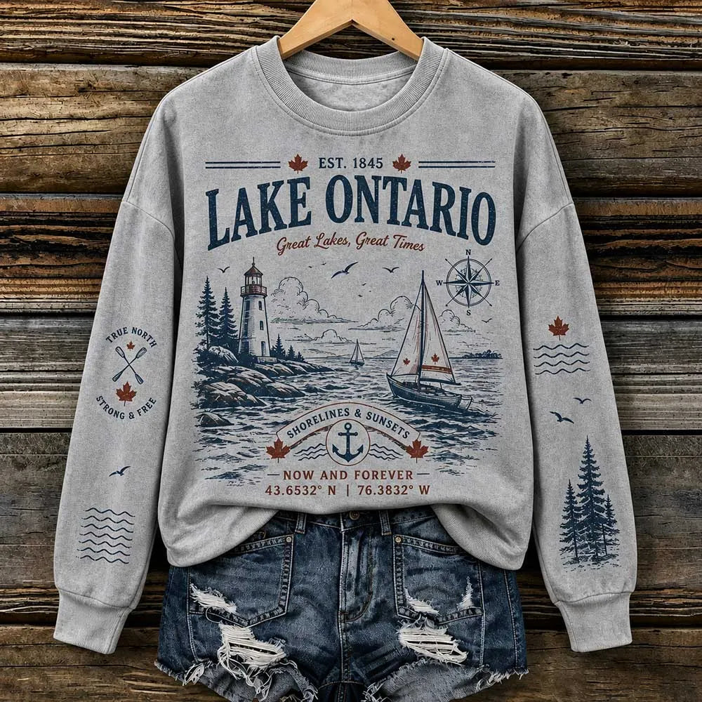 Women's Lake Ontario Graphic Crewneck Sweatshirt - Vintage Lighthouse & Sailboat Print