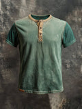 Men's casual retro washed cotton colorblock Henley t-shirt