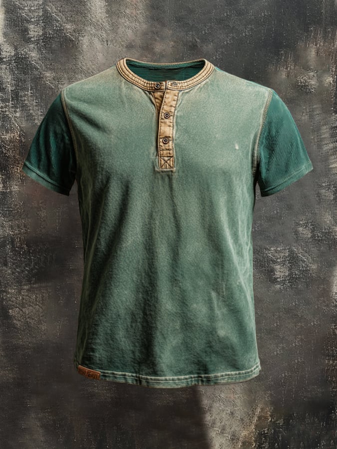 Men's casual retro washed cotton colorblock Henley t-shirt