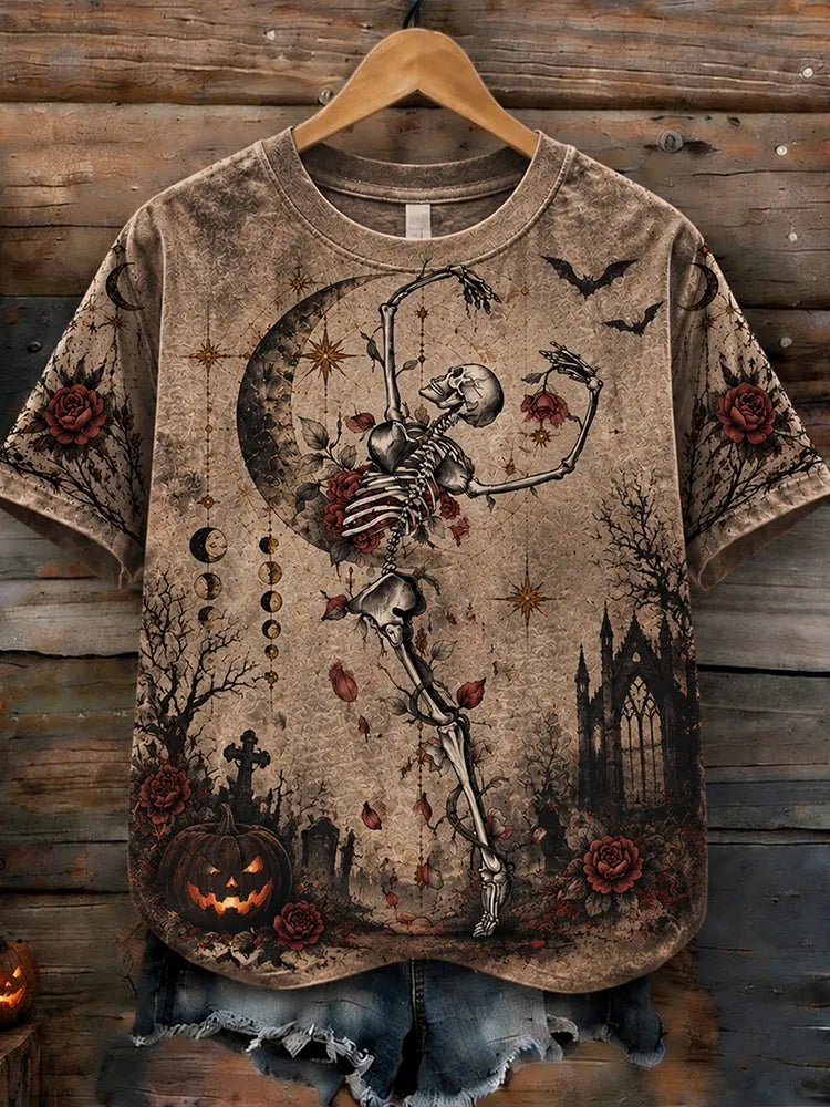 Women's Vintage Boho Gothic Dancing Skeleton Rose Moon Halloween T-shirt