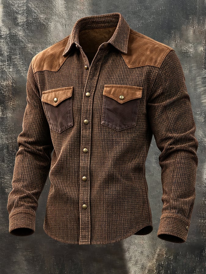 Men'S Vintage Western-Style Long-Sleeve Shirt With Color-Block Suede And Waffle-Knit Paneling