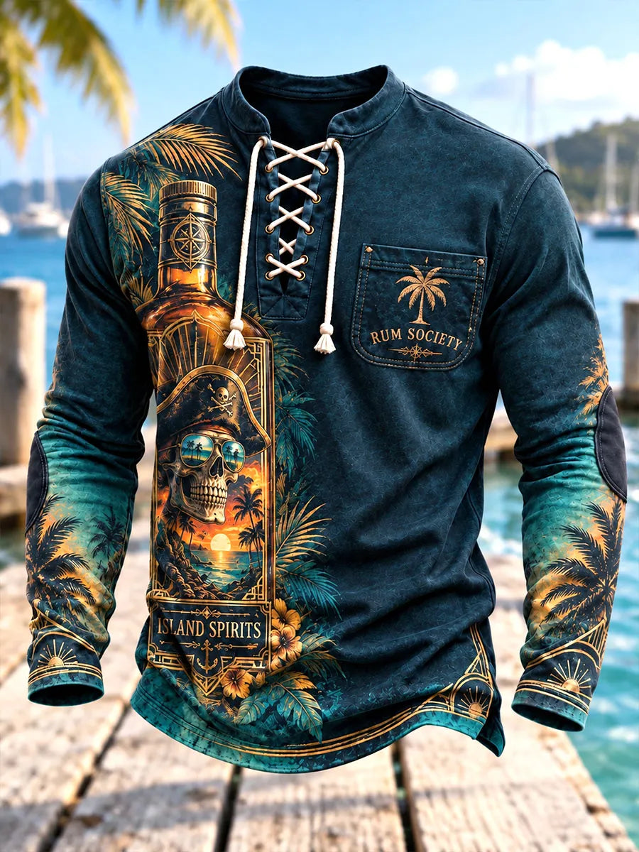 Men's Rum Bottle Pirate Skull Lace-Up Long Sleeve Shirt