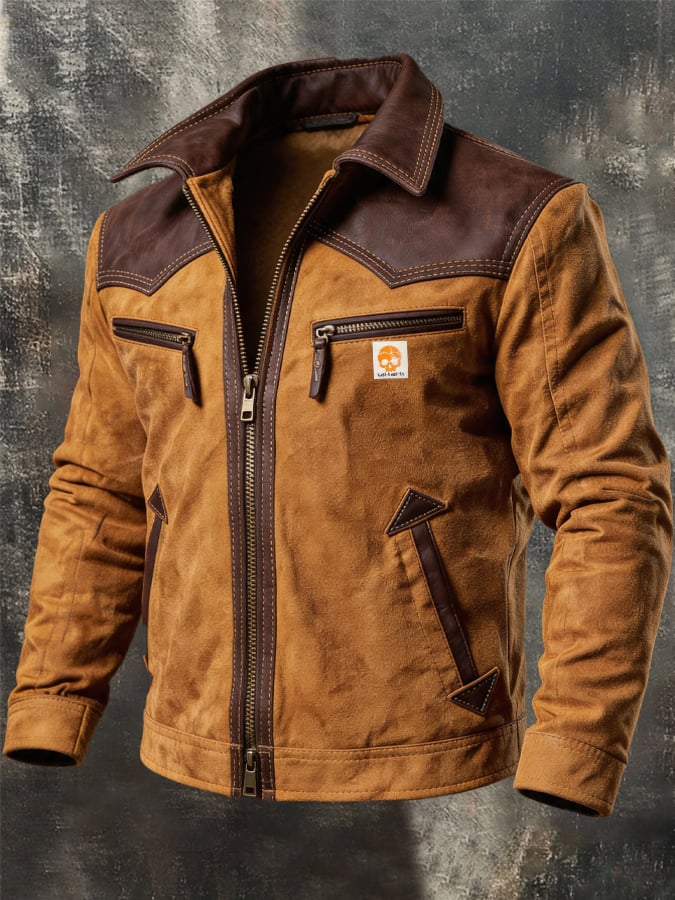 Men’s Vintage Suede-Look & Leather-Panelled Insulated Multi-Pocket Western-Style Outdoor Jacket