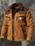 Men’s Vintage Suede-Look & Leather-Panelled Insulated Multi-Pocket Western-Style Outdoor Jacket