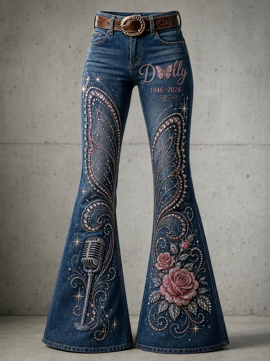 Women's Dolly Parton Butterfly Rose Microphone Printed Flare Jeans