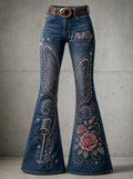 Women's Dolly Parton Butterfly Rose Microphone Printed Flare Jeans