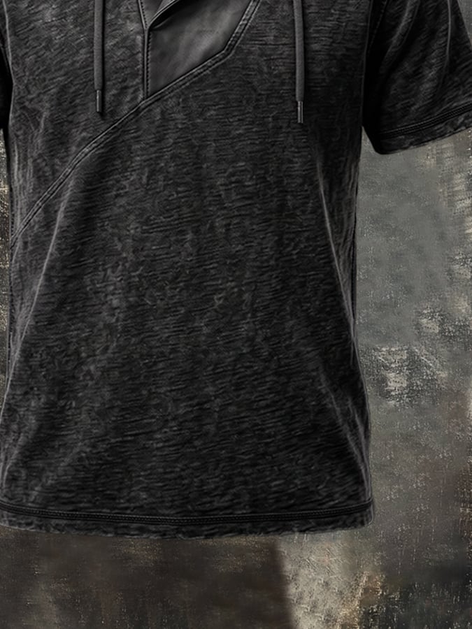 Men's Vintage Cotton-Leather Panel Hooded T-Shirt
