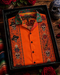 Men's Day Of The Dead Skeleton Dancer Vine Bloom Print Cuban Collar Short Sleeve Shirt
