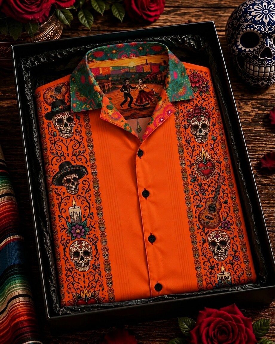 Men's Day Of The Dead Skeleton Dancer Vine Bloom Print Cuban Collar Short Sleeve Shirt