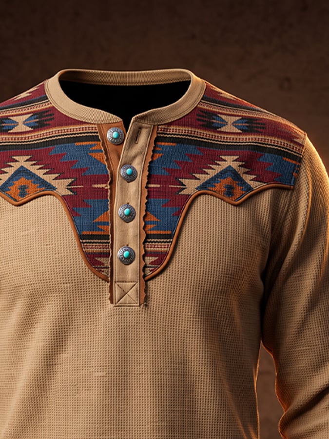 Men's Vintage Waffle-Knit & Leather-Panel Aztec Henley Shirt