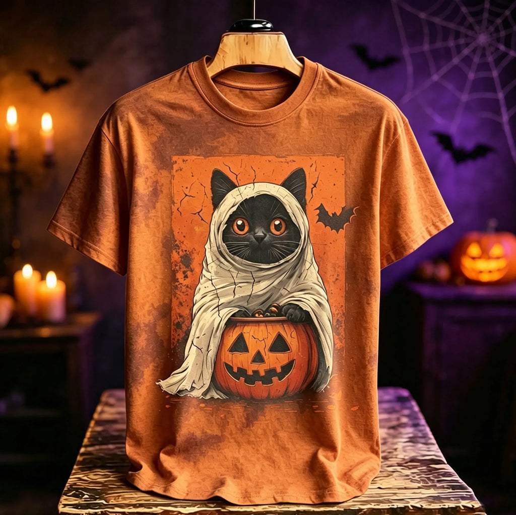 Men's Retro Halloween Ghost Cat Print T-shirt