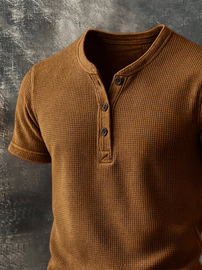 Men's Waffle Basic Casual Henley Short Sleeve T-Shirt