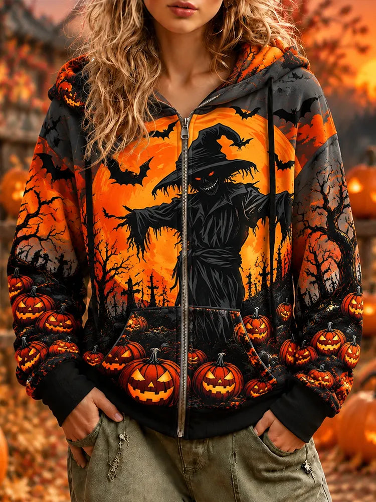 Women's Halloween Scarecrow Pumpkin Moon Print Zip Hoodie