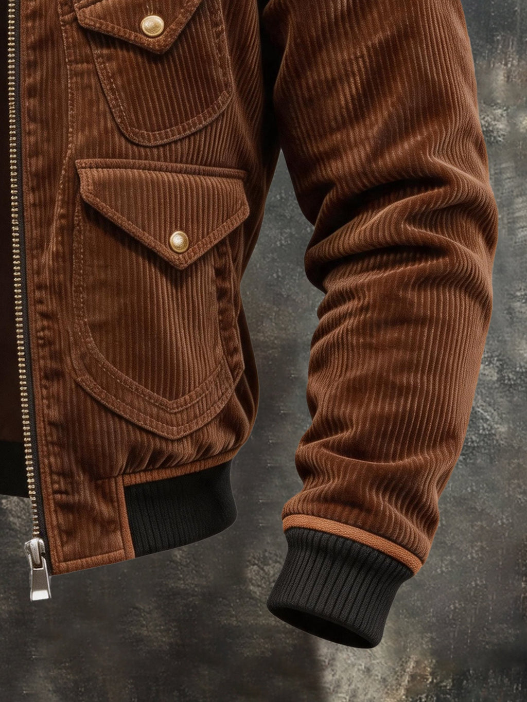 Men’s Vintage Ribbed Multi-Pocket Stand-Collar Jacket