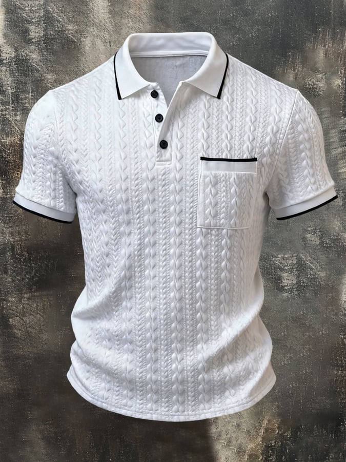 Men'S Fashion Short-Sleeve Polo Shirt With Textured Paneling And Color-Block Design