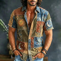 Men's Vintage Hippie Sun Moon Patchwork Print Short Sleeve Buttons Shirt