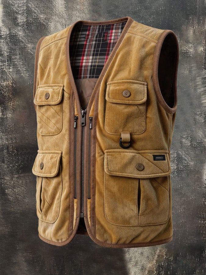 Men's Vintage Corduroy Multi-Pocket Padded Warm Vest Jacket