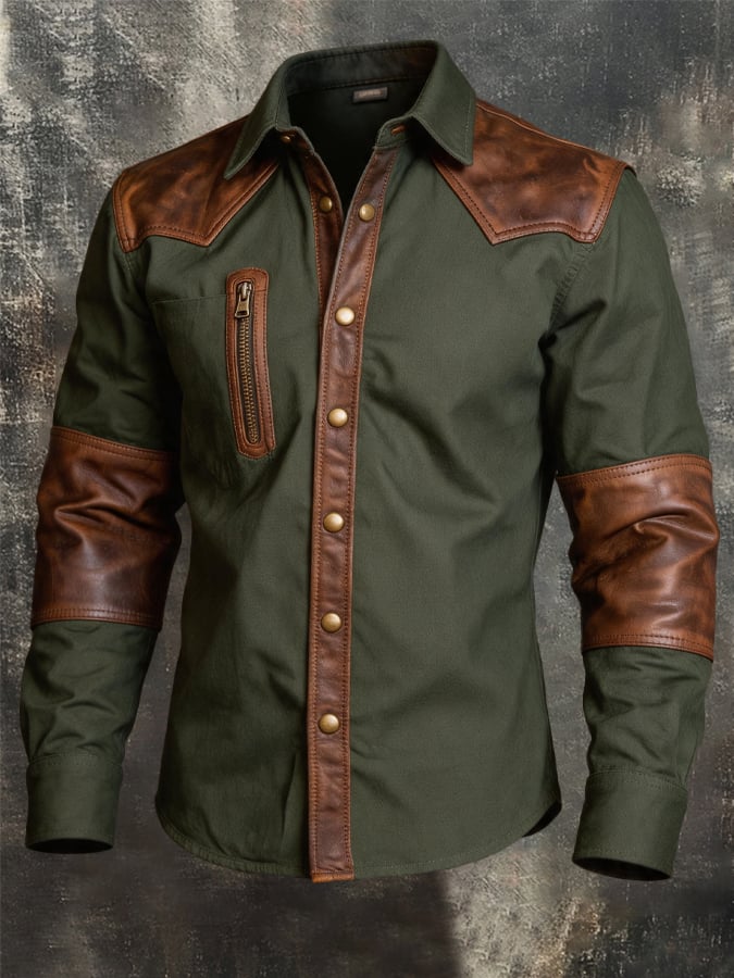 Men's Vintage-Style Color-Block Western Leather Shirt