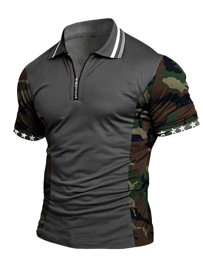 Men's casual penguin zip-up color-block polo shirt