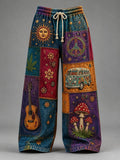 Men's Hippie Patchwork Sun Peace Sign Vintage Van Guitar Mushroom Print Pants