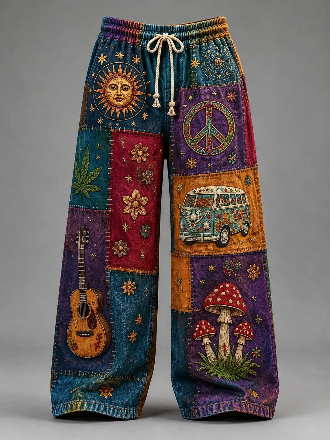 Men's Hippie Patchwork Sun Peace Sign Vintage Van Guitar Mushroom Print Pants