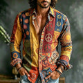 Men's Retro Bohemian Sun And Geometric Pattern Long Sleeve Shirt