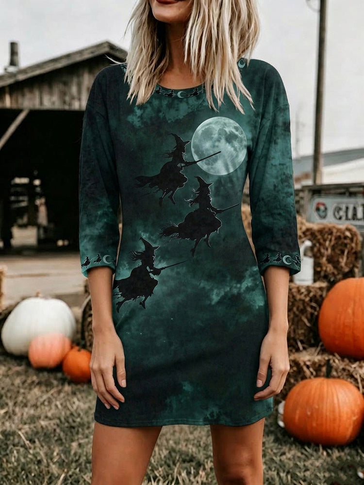 Women's Halloween Wizard And Moon Print Casual Dress