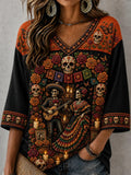 Women's Day Of The Dead Print 3/4 Sleeve V-Neck T-Shirt