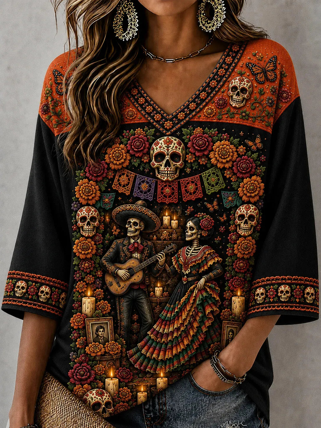Women's Day Of The Dead Print 3/4 Sleeve V-Neck T-Shirt