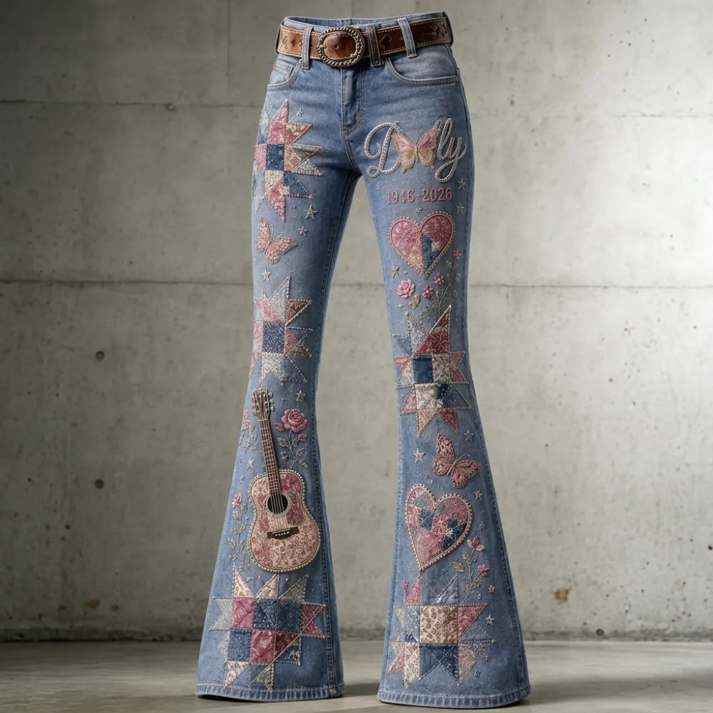 Women's Dolly Parton Guitar Butterfly Quilt Printed Flare Jeans