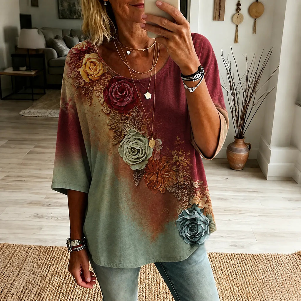 The Sunset Collection Women's Classic Bohemian Floral And Rose Gradient Print Linen Blend Round Neck Mid-length Sleeves Tops