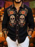 Men's Day Of The Dead Symmetrical Painted Skulls Floral Print Shirt