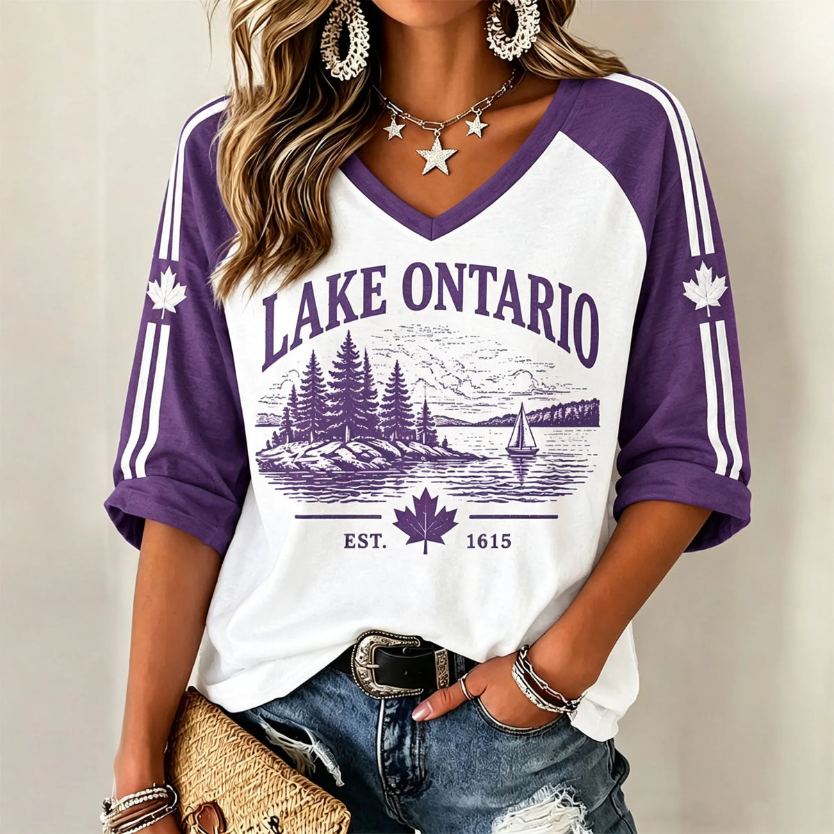 Women's Lake Ontario Pattern Print Raglan Sleeve Short Sleeve T-shirt