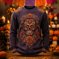 Men's Blossom Vines Encircling Decorative Skull Print Crew Neck Long Sleeve Waffle Sweatshirt