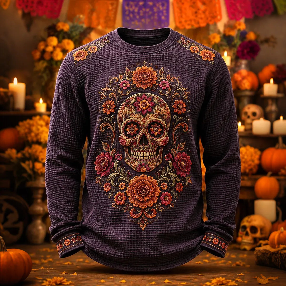 Men's Blossom Vines Encircling Decorative Skull Print Crew Neck Long Sleeve Waffle Sweatshirt